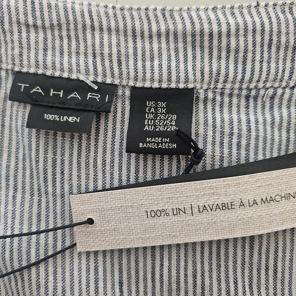 Tahari 3X Linen Shift Dress Blue White Pinstripe Split Neck Coastal Casual NWT - Picture 3 of 7